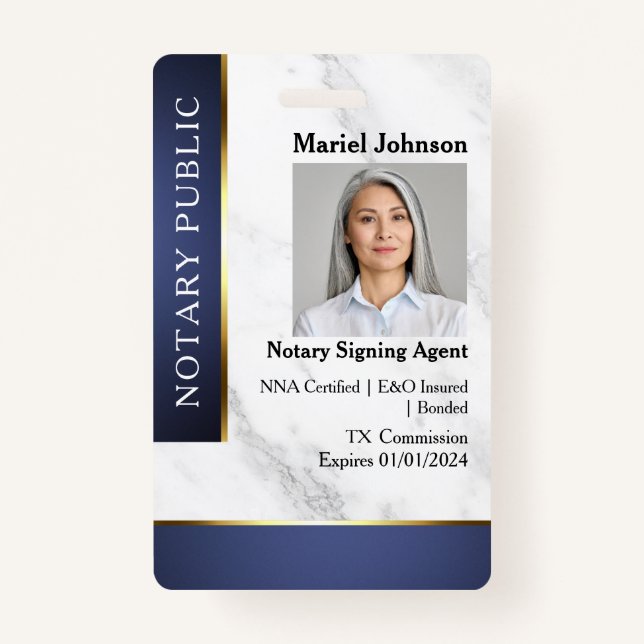 Professional Marble Blue Gold Notary Public ID  ID Badge (Front)