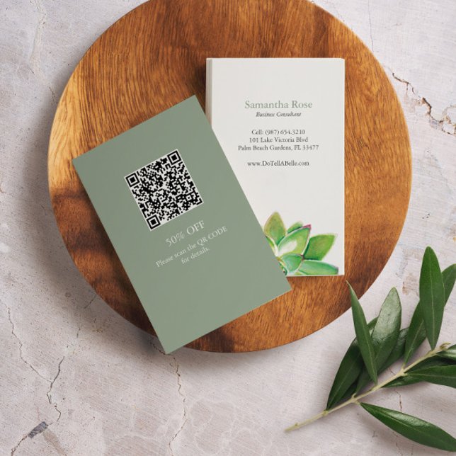 Professional Marketing Green Watercolor Succulent Business Card (business card with QR code features watercolor succulent art by Victoria Grigaliunas Do Tell A Belle)