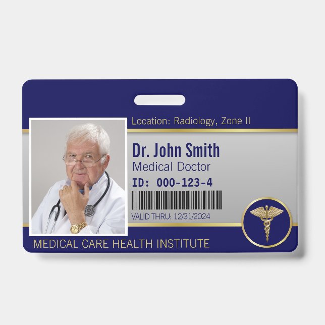 Professional Medical Caduceus Gold Blue Photo ID Badge (Front)