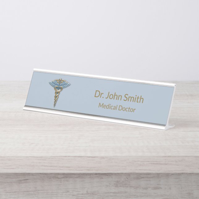 Professional Medical Fine Light Blue Gold Caduceus Desk Name Plate (Front)