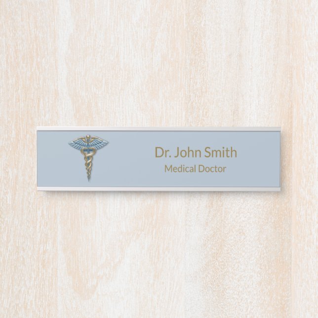 Professional Medical Fine Light Blue Gold Caduceus Door Sign (Front)
