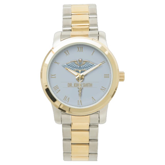 Professional Medical Light Blue Gold Caduceus Name Watch (Front)