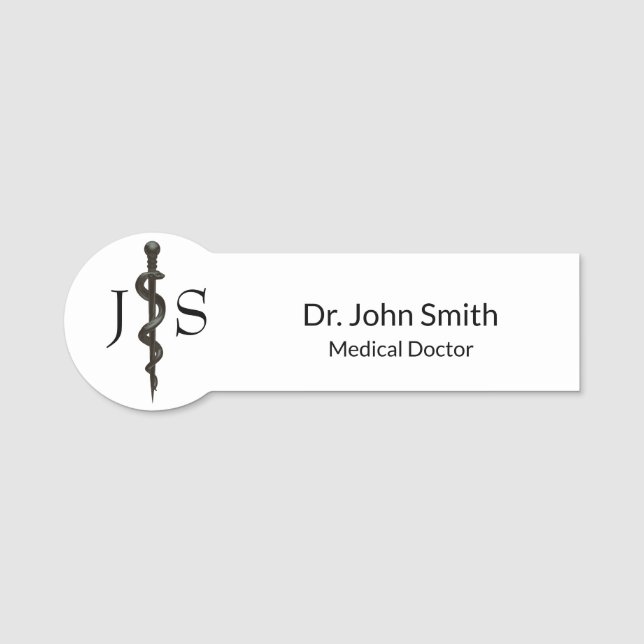 Professional Medical Simple Asclepius Black White Name Tag (Front)