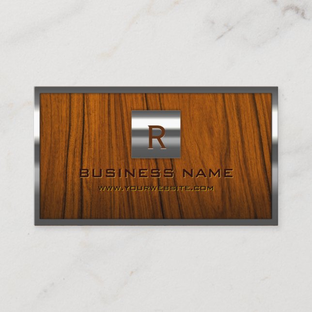 Professional Metal Frame Monogram Wood Background Business Card (Front)