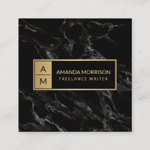 Professional Minimal Monogram Gold/Black Marble Square Business Card