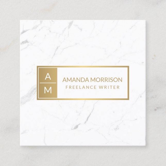 Professional Minimal Monogram Gold/White Marble Square Business Card (Front)