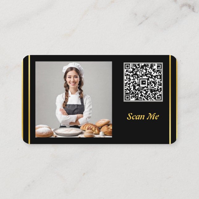 Professional Minimal QR Code and Photo Bakery  Business Card (Back)
