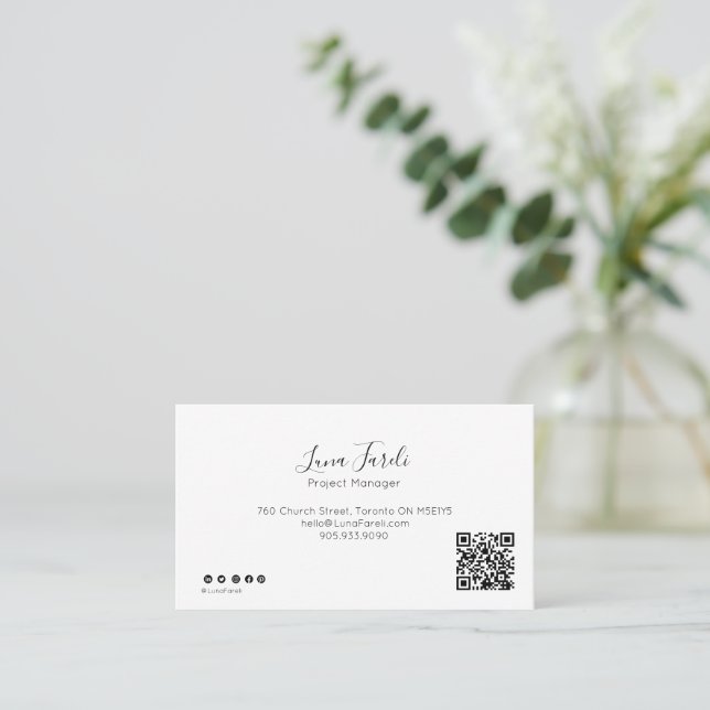 Professional Minimal Script QR CODE Business Card (Standing Front)