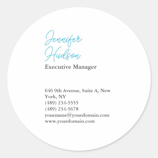 Professional minimalist azure blue calligraphy classic round sticker (Front)