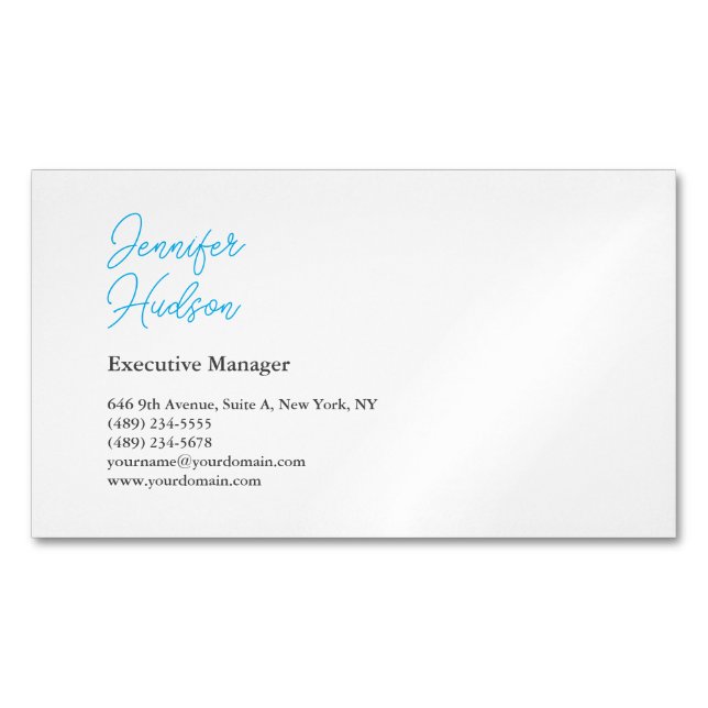 Professional minimalist azure blue calligraphy 	Magnetic business card (Front)