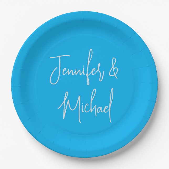 Professional minimalist azure blue calligraphy paper plate (Front)