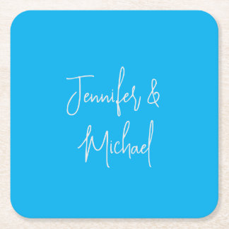 Professional minimalist azure blue calligraphy square paper coaster