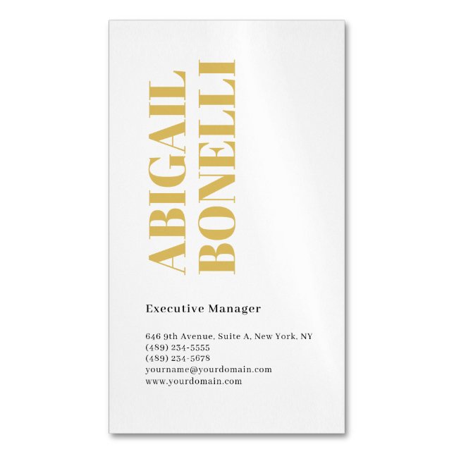 Professional minimalist bold modern gold & white 	Magnetic business card (Front Vertical)