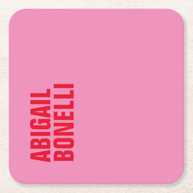 Professional minimalist bold modern pink red name square paper coaster (Front)