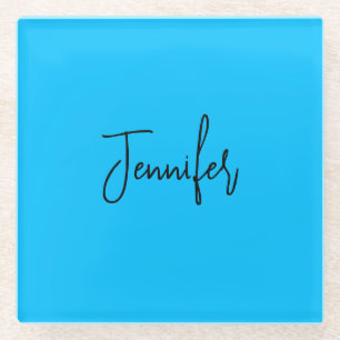 Professional minimalist calligraphy name sky blue glass coaster