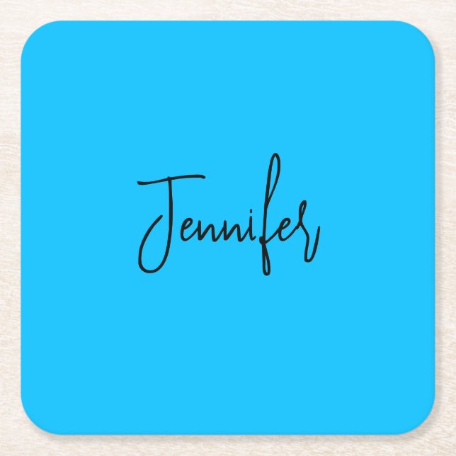 Professional minimalist calligraphy name sky blue square paper coaster (Front)