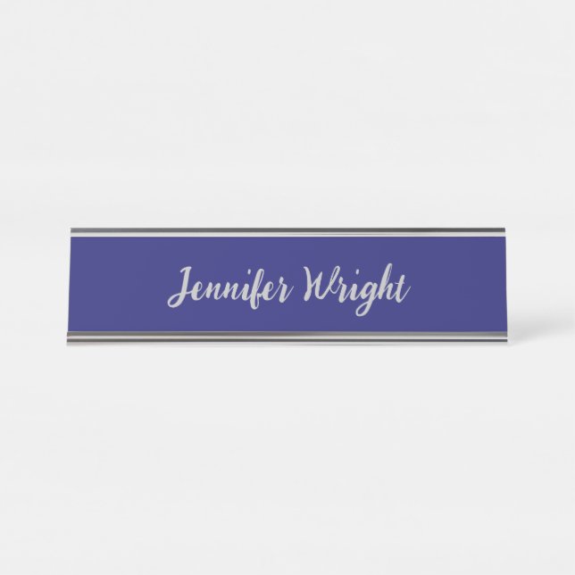 Professional minimalist handwriting blue desk name plate (Front)
