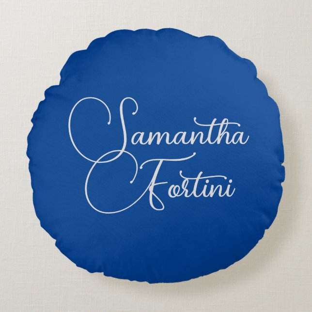 Professional minimalist handwriting name blue round cushion (Front)