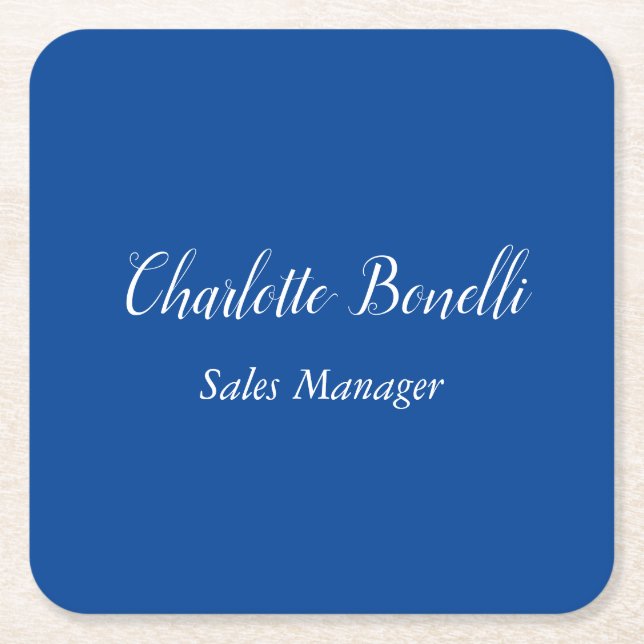 Professional Minimalist Handwriting Name Blue Square Paper Coaster (Front)