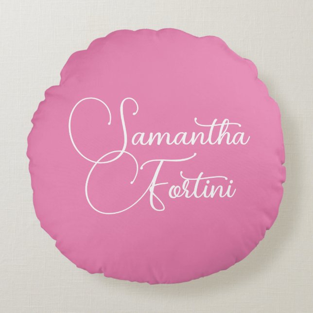 Professional minimalist handwriting name pink round cushion (Front)