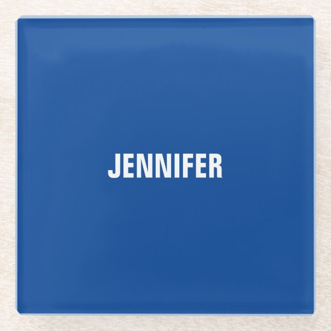 Professional minimalist modern blue add your name glass coaster (Front)