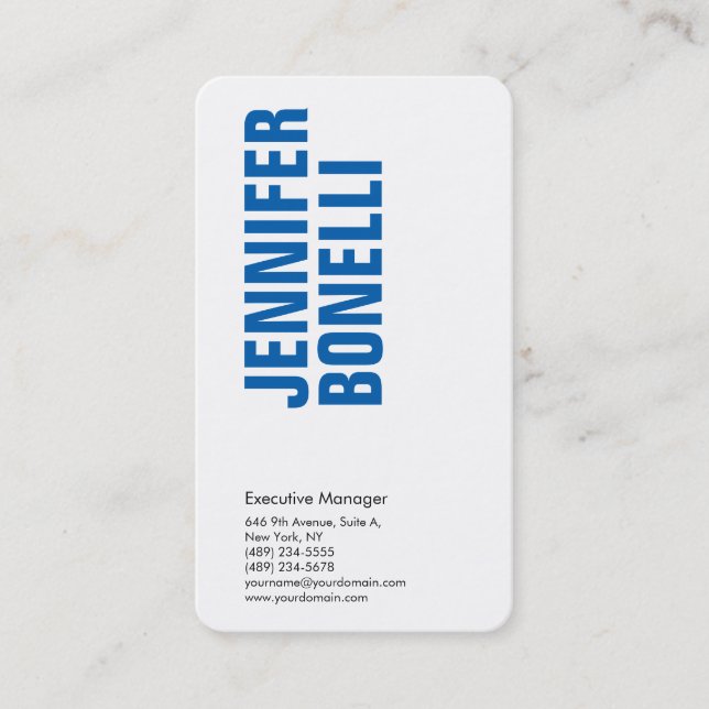 Professional minimalist modern bold blue white business card (Front)