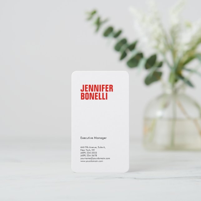 Professional minimalist modern bold text red white business card (Standing Front)