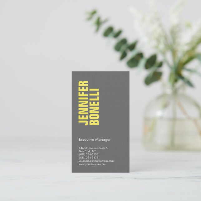 Professional minimalist modern grey yellow linen business card (Standing Front)