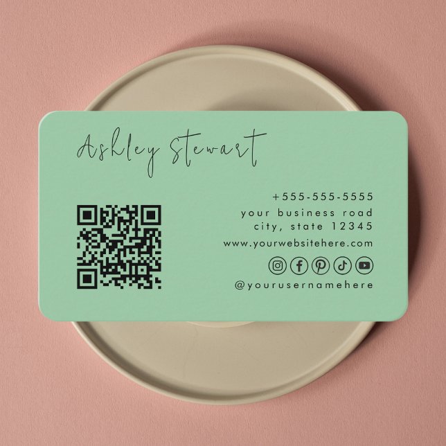 Professional Mint Green Qr Code Minimal Script Business Card (Creator Uploaded)