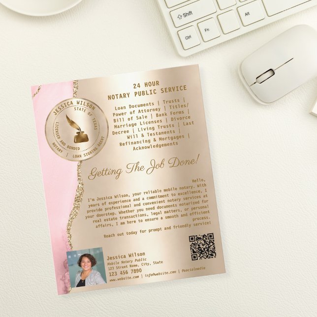 Professional Mobile Notary & Loan Signing Agent Flyer (mobile notary flyer, gold and blush pink)