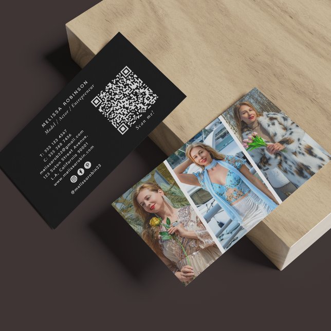 Professional Model 3 Photo Collage QR Code Black Business Card (Creator Uploaded)