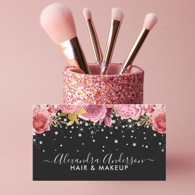Professional Modern Black Floral Diamonds Glitter Business Card (Creator Uploaded)