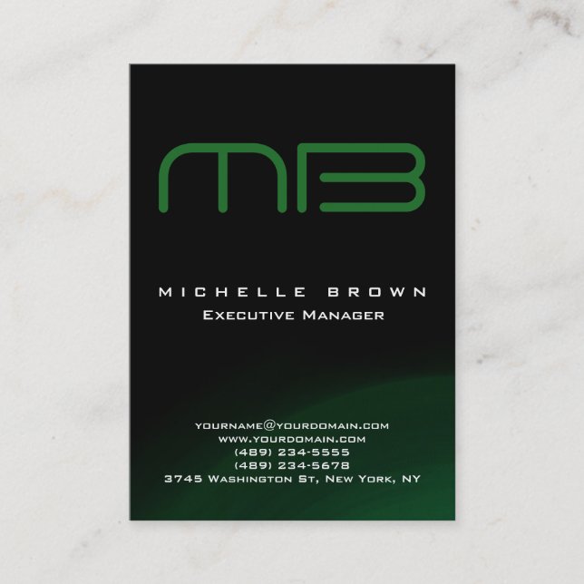 Professional Modern Black Green Monogram Business Card (Front)