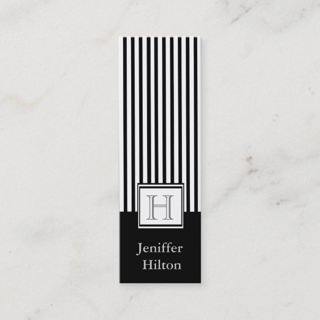 Professional modern black white stripes monogram mini business card (Front)