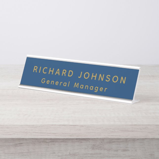Professional Modern Blue Gold Office Name Title  Desk Name Plate (Front)