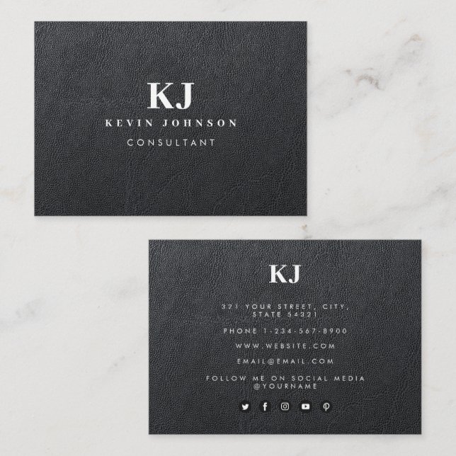 Professional Modern Faux Black Leather Monogram Business Card (Front/Back)