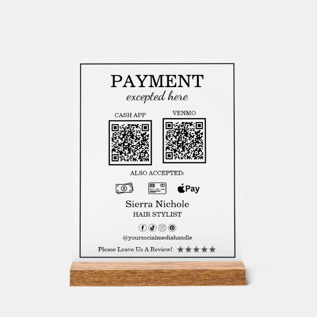 Professional Modern Hair Stylist QR Code Payment Acrylic Sign (Front)