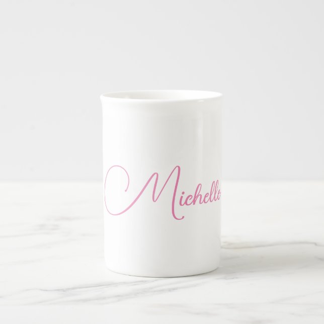 Professional modern handwriting name pink white bone china mug (Front)