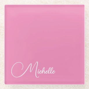 Professional modern handwriting name pink white glass coaster