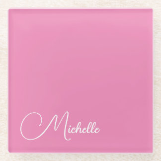 Professional modern handwriting name pink white glass coaster
