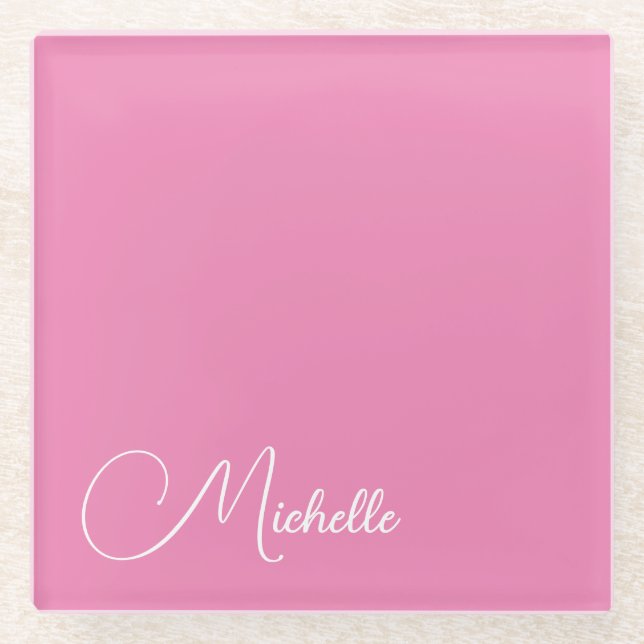 Professional modern handwriting name pink white glass coaster (Front)