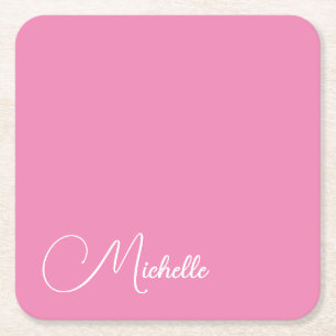 Professional modern handwriting name pink white square paper coaster