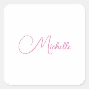 Professional modern handwriting name pink white square sticker