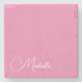 Professional modern handwriting name pink white stone coaster