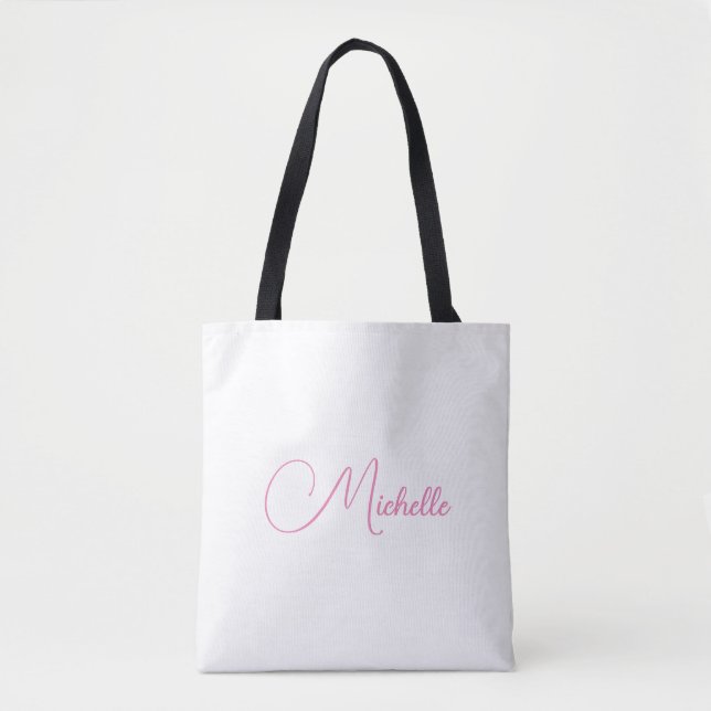 Professional modern handwriting name pink white tote bag (Front)