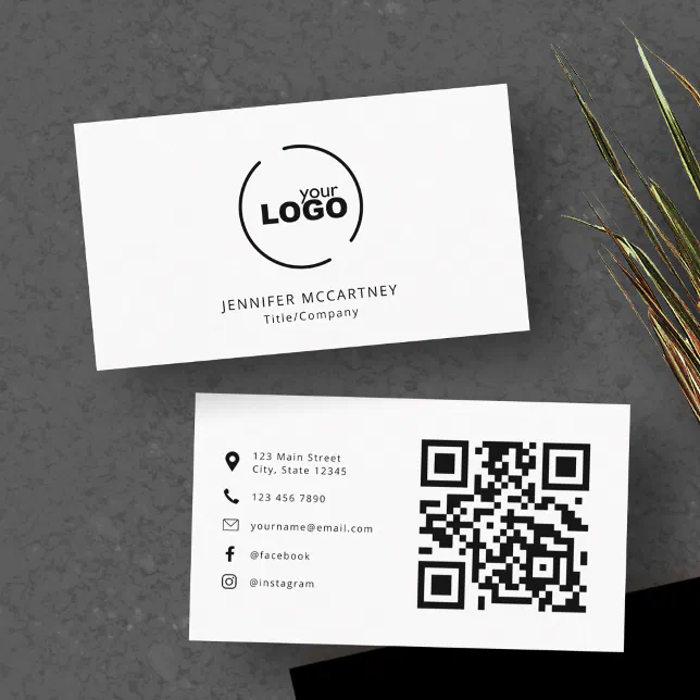 Professional Modern Logo QR Code Black & White Business Card | Zazzle
