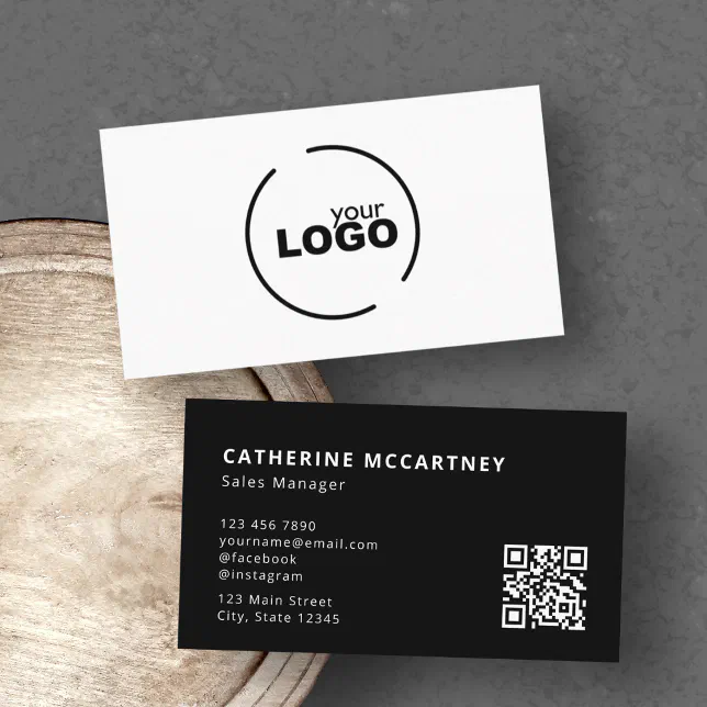 Professional Modern Logo QR Code Black & White Business Card | Zazzle