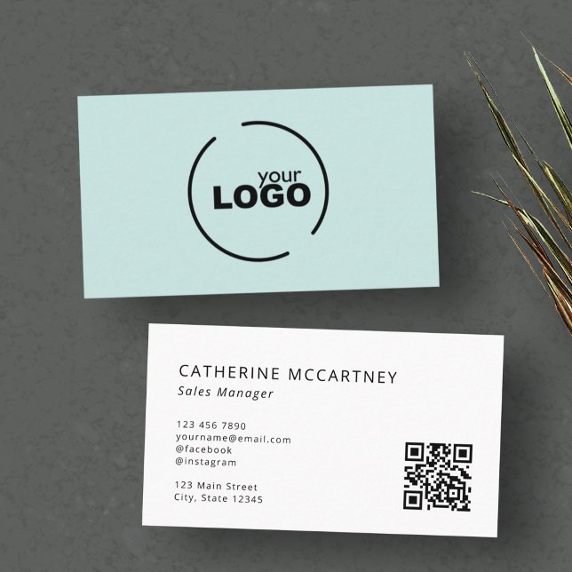 Professional Modern Logo QR Code Light Turquoise Business Card (Creator Uploaded)