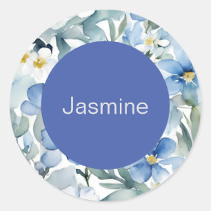 Professional Modern Minimalist Blue Floral Name Classic Round Sticker