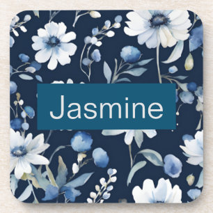 Professional Modern Minimalist Blue Floral Name Coaster